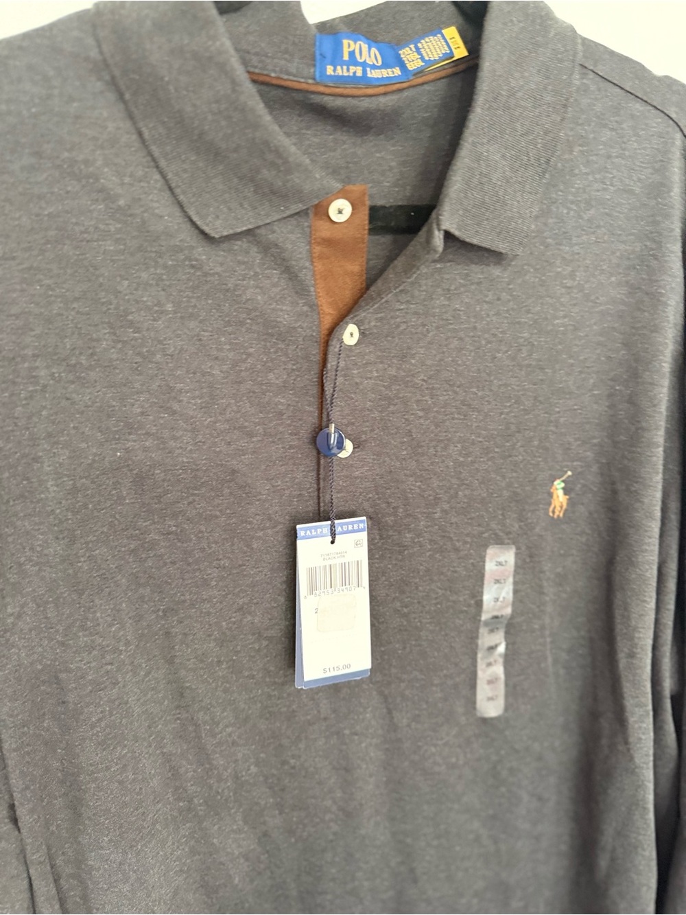 Polo by Ralph Lauren Men's Heather Charcoal Polo with Brown Placket Trim